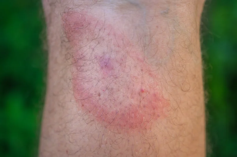 A close up of a tick bite on someones wrist